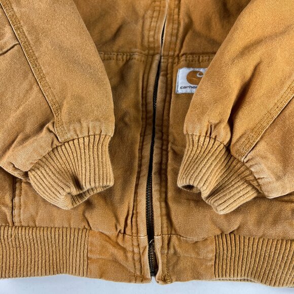 Carhartt Duck Canvas Quilted Jacket Youth Small 7-8 Tan Full Zip Hooded Bomber - Picture 2 of 16